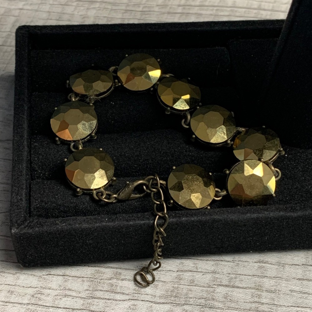 Antique Gold Tone Chunky Faceted Crystal Link Statement Bracelet Adjustable